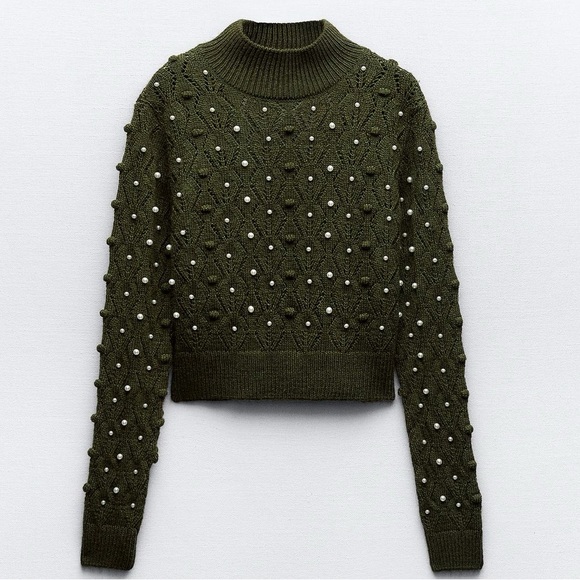 Zara GREEN OPEN BACK KNIT SWEATER WITH PEARLS - Picture 5 of 11